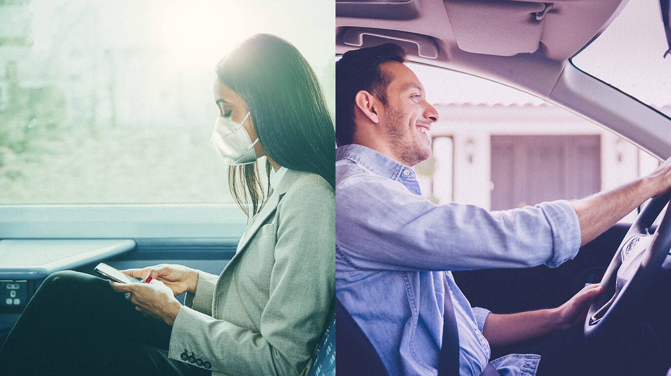 Frau mit Maske sitzt im Bus vs. Mann sitzt am Autosteuer