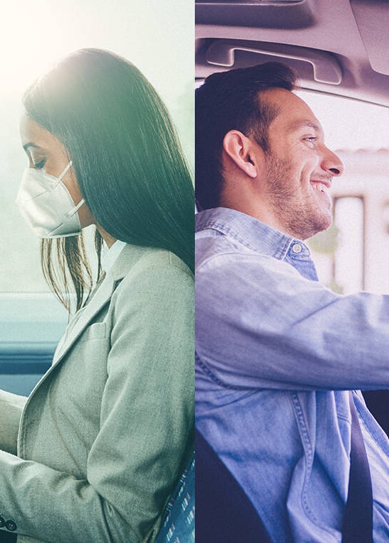 Frau mit Maske sitzt im Bus vs. Mann sitzt am Autosteuer